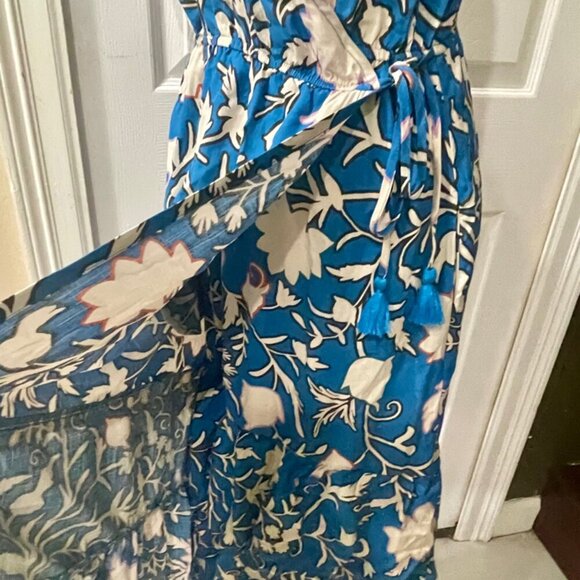 BLUE FLORAL RUFFLED WRAP MIDI DRESS BOHO CHIC SHORT SLEEVE  SZ M TRENDY - Picture 12 of 16